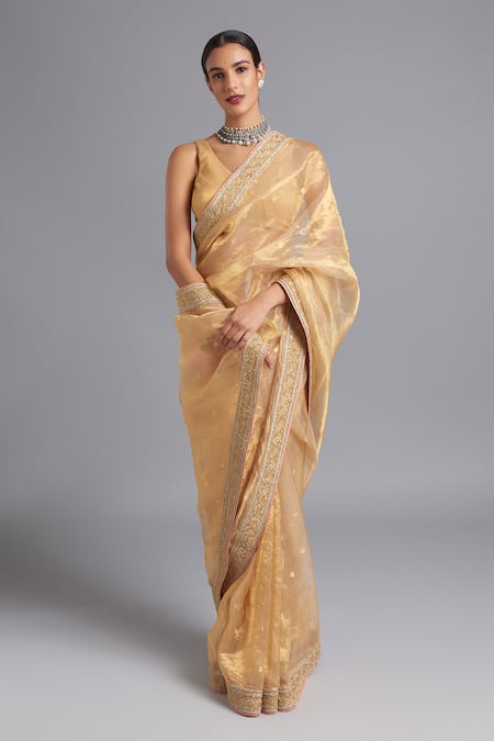 Akutee Gold Handwoven Banarasi Tissue Suhasini Saree With Unstitched Blouse Piece 