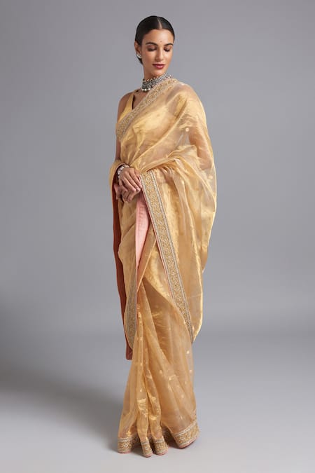 Akutee_Gold Handloom Suhasini Zardosi Embroidered Saree With Unstitched Blouse Piece_Online_at_Aza_Fashions