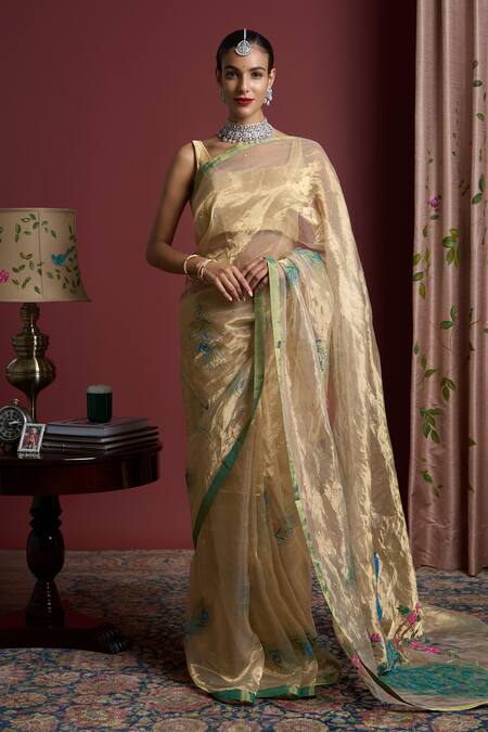 Akutee_Gold Tissue Sequins Vanashri Peacock Pattern Saree With Unstitched Blouse Piece_Online_at_Aza_Fashions