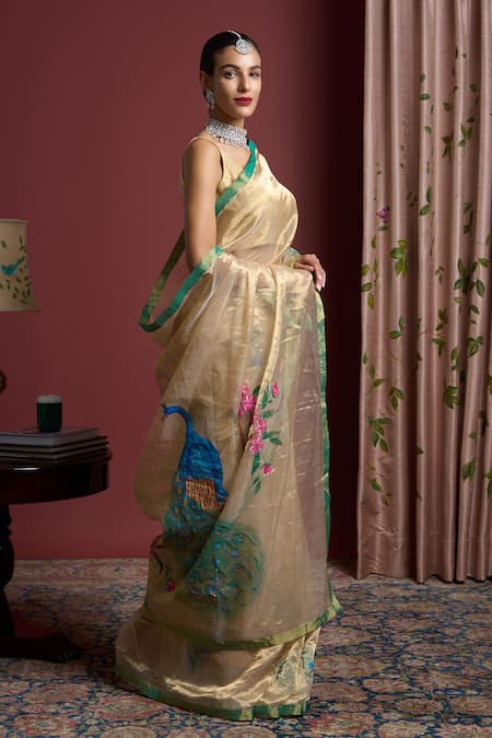 Buy_Akutee_Gold Tissue Sequins Vanashri Peacock Pattern Saree With Unstitched Blouse Piece_Online_at_Aza_Fashions