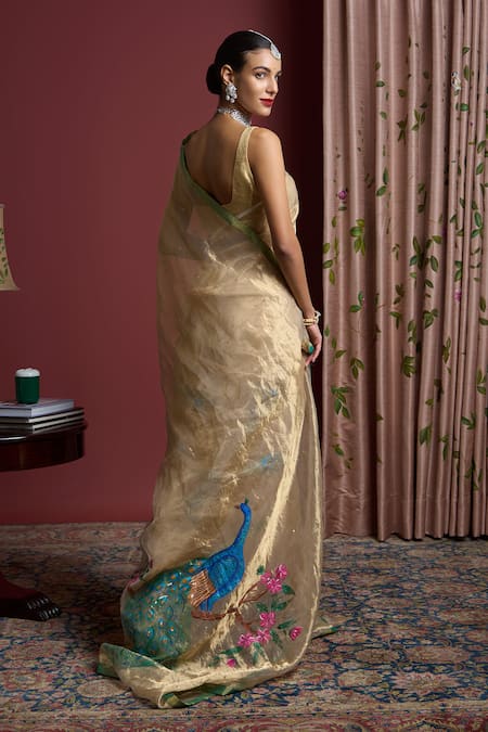 Shop_Akutee_Gold Tissue Sequins Vanashri Peacock Pattern Saree With Unstitched Blouse Piece_Online_at_Aza_Fashions