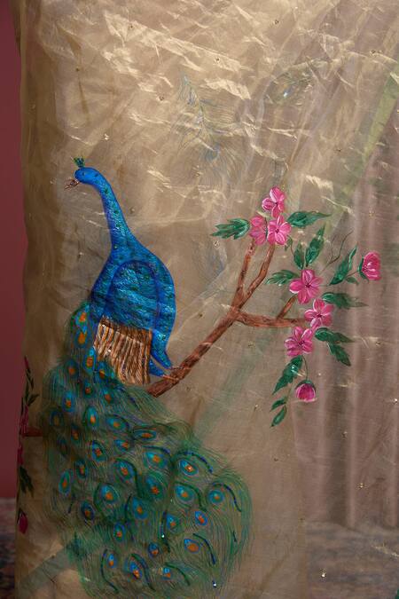 Akutee_Gold Tissue Sequins Vanashri Peacock Pattern Saree With Unstitched Blouse Piece_at_Aza_Fashions