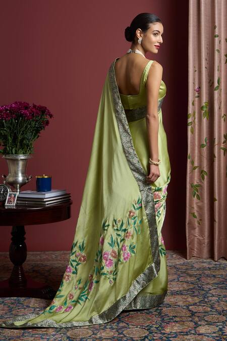 Shop Akutee Green Satin, Unnati Floral Brocade Border Saree With Unstitched Blouse Piece at Aza Fashions Shop_Akutee_Green Satin, Unnati Floral Brocade Border Saree With Unstitched Blouse Piece_at_Aza_Fashions