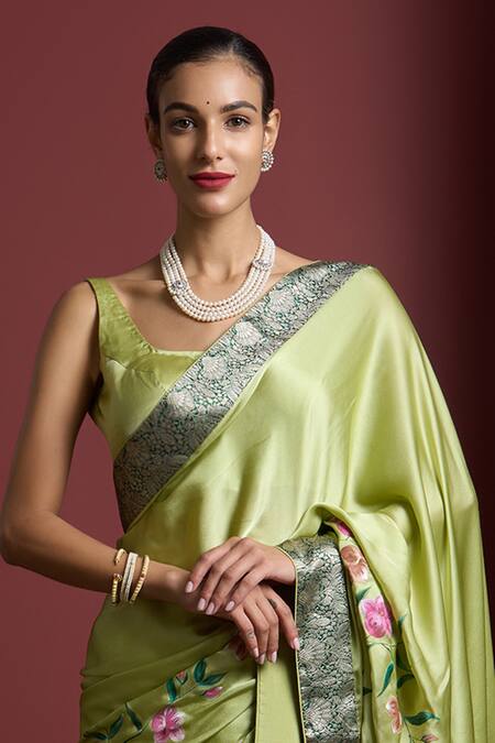 Akutee Green Satin, Unnati Floral Brocade Border Saree With Unstitched Blouse Piece Online at Aza Fashions Akutee_Green Satin, Unnati Floral Brocade Border Saree With Unstitched Blouse Piece_Online_at_Aza_Fashions