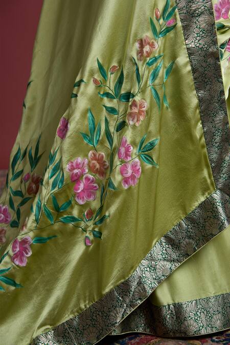 Shop Akutee Green Satin, Unnati Floral Brocade Border Saree With Unstitched Blouse Piece Online at Aza Fashions Shop_Akutee_Green Satin, Unnati Floral Brocade Border Saree With Unstitched Blouse Piece_Online_at_Aza_Fashions
