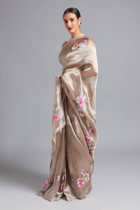Akutee_Grey Tissue, Silk Rudrani Embroidered Saree With Unstitched Blouse Piece_Online_at_Aza_Fashions