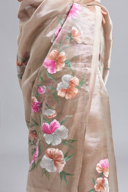 Buy_Akutee_Grey Tissue, Silk Rudrani Embroidered Saree With Unstitched Blouse Piece_Online_at_Aza_Fashions