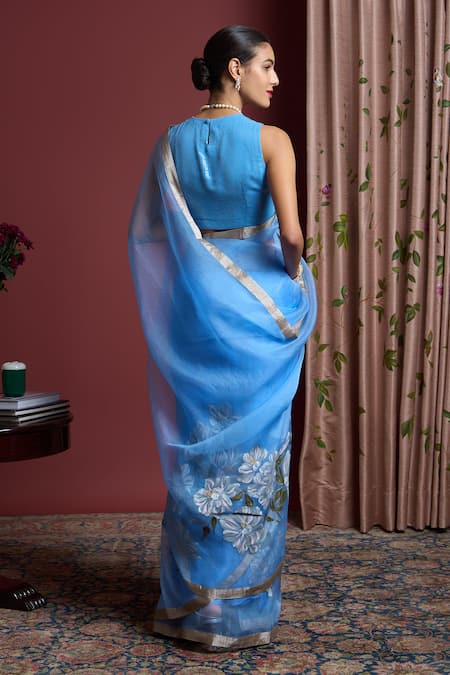 Shop Akutee Sky Blue Handloom Chandrika Floral Pattern Saree With Unstitched Blouse Piece at Aza Fashions Shop_Akutee_Sky Blue Handloom Chandrika Floral Pattern Saree With Unstitched Blouse Piece_at_Aza_Fashions