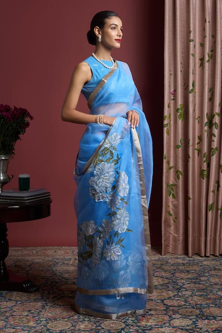 Buy Akutee Sky Blue Handloom Chandrika Floral Pattern Saree With Unstitched Blouse Piece Online at Aza Fashions Buy_Akutee_Sky Blue Handloom Chandrika Floral Pattern Saree With Unstitched Blouse Piece_Online_at_Aza_Fashions