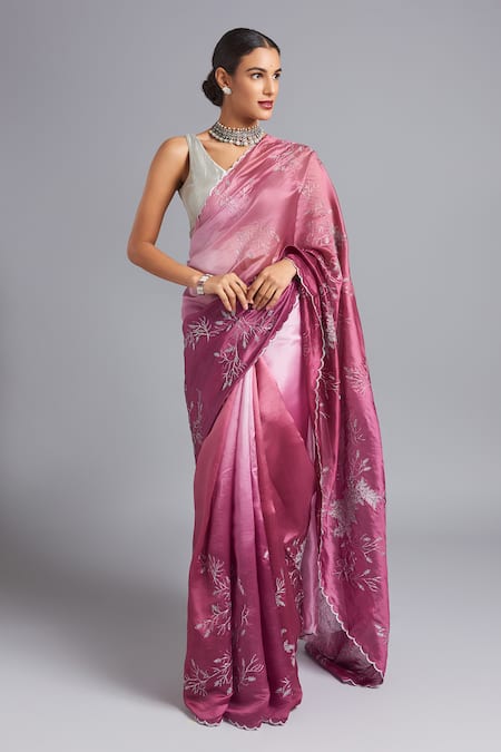 Akutee Pink Pure Silk Chanderi Lalita Ombre Saree With Unstitched Blouse Piece 