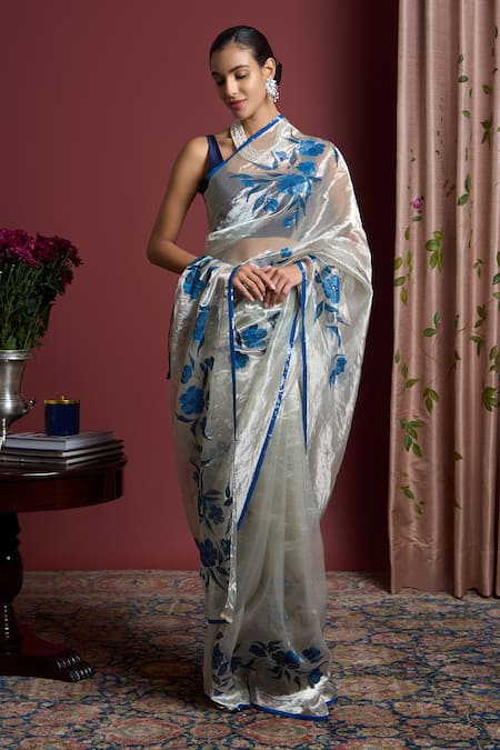 Akutee_Silver Handloom Cotton Sequins, Damayanti Saree With Unstitched Blouse Piece_Online_at_Aza_Fashions