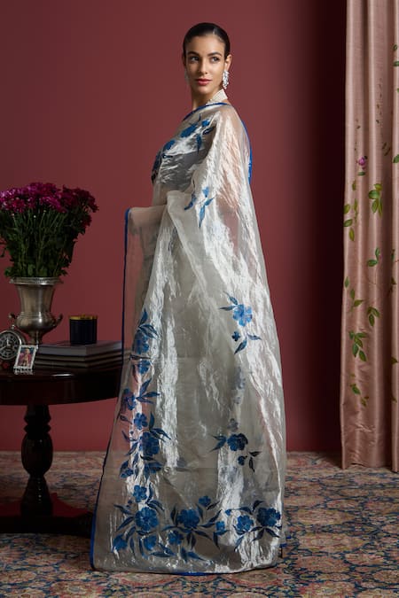 Shop_Akutee_Silver Handloom Cotton Sequins, Damayanti Saree With Unstitched Blouse Piece_Online_at_Aza_Fashions