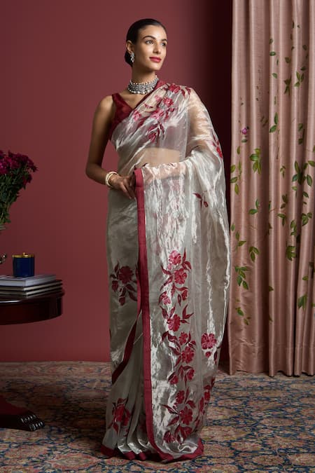 Akutee Silver Handwoven Tissue Shreya Pattern Saree With Unstitched Blouse Piece 