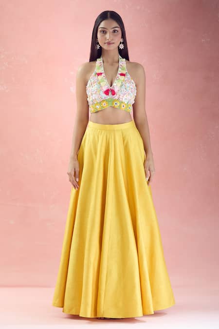 The Pink Penguin By Charmy_White Raw Silk Embroidery Thread Sea Shell Halter Neck Choli With Lehenga For Kids_at_Aza_Fashions