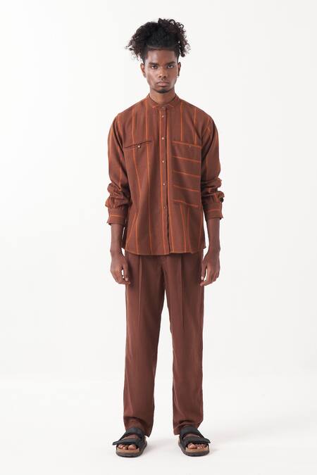 Shop_Three_Brown Melange Stripes Pattern Shirt _at_Aza_Fashions