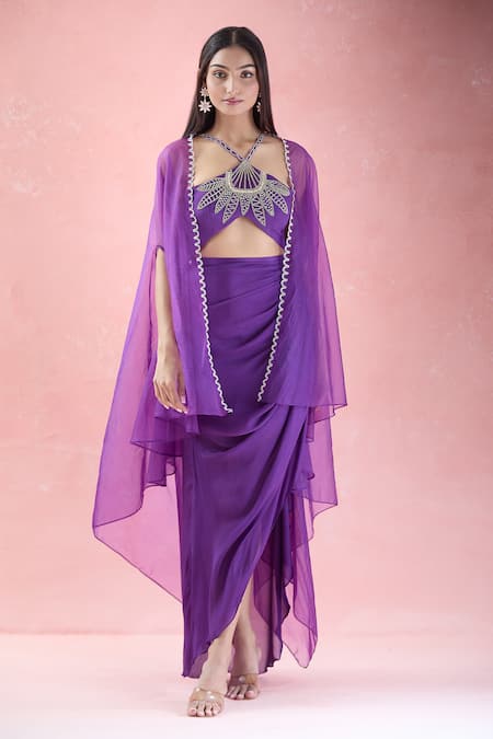 Buy_The Pink Penguin By Charmy_Purple Chinon Embroidery Floral Beads Asymmetric Cape And Draped Skirt Set For Kids