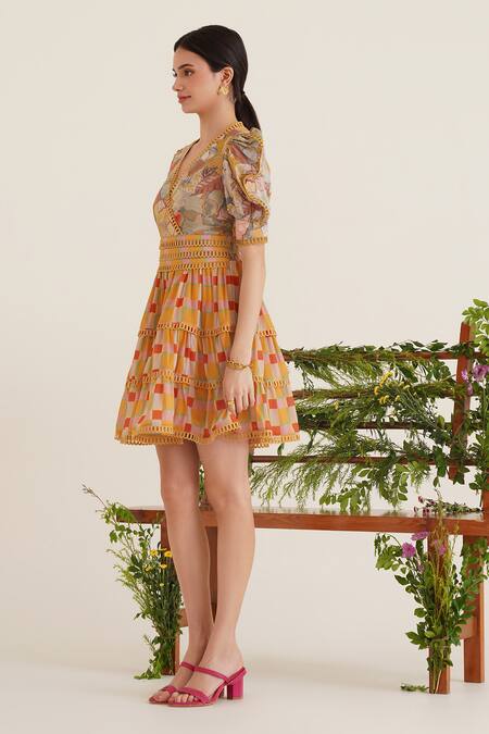 Buy_Sunandini_Yellow Cotton, Viscose Embroidery V-neck Jane Floral Checkered Print Dress _Online_at_Aza_Fashions