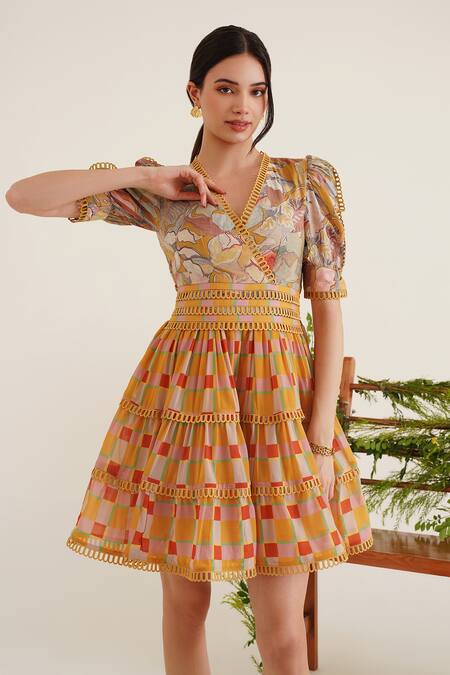 Shop_Sunandini_Yellow Cotton, Viscose Embroidery V-neck Jane Floral Checkered Print Dress _Online_at_Aza_Fashions