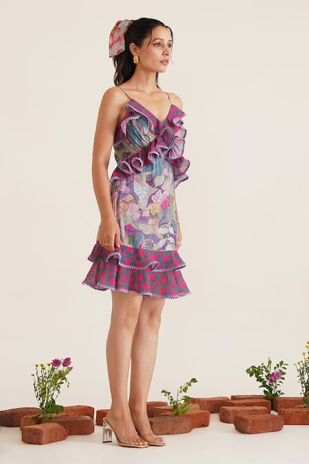 Buy_Sunandini_Purple Cotton, Viscose Sweetheart Neck Leila Abstract Print Short Dress _Online_at_Aza_Fashions