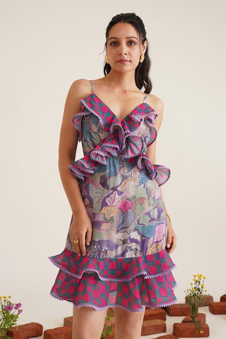 Sunandini_Purple Cotton, Viscose Sweetheart Neck Leila Abstract Print Short Dress _at_Aza_Fashions