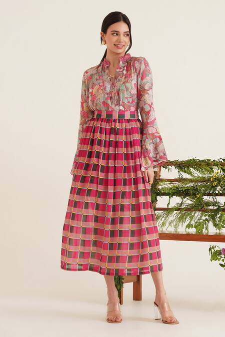 Buy_Sunandini_Pink 100% Cotton Printed Checkered Notched Nellie Midi Skirt Set _Online_at_Aza_Fashions