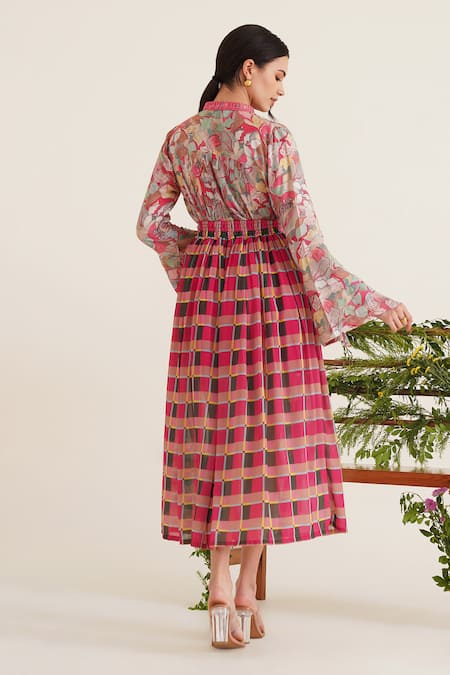 Shop_Sunandini_Pink 100% Viscose Georgette Printed Checkered Nellie Midi Skirt _at_Aza_Fashions
