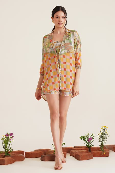 Buy_Sunandini_Multi Color Cotton Lace, Embroidery Sweetheart Nina Printed Jacket And Shorts Set _Online_at_Aza_Fashions