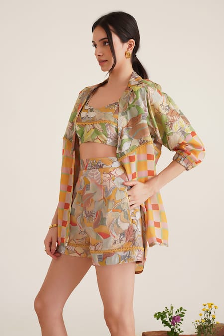Shop_Sunandini_Multi Color Cotton Lace, Embroidery Sweetheart Nina Printed Jacket And Shorts Set _Online_at_Aza_Fashions