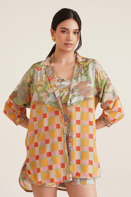 Sunandini Multi Color Cotton Lace, Embroidery Sweetheart Nina Printed Jacket And Shorts Set at Aza Fashions Sunandini_Multi Color Cotton Lace, Embroidery Sweetheart Nina Printed Jacket And Shorts Set _at_Aza_Fashions