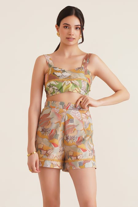 Sunandini_Multi Color Cotton Lace Sweetheart Neck Nina Printed Bralette And Shorts Set _Online_at_Aza_Fashions