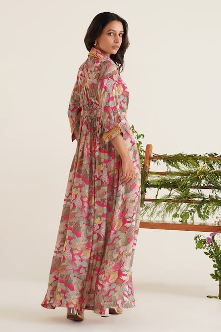 Sunandini_Pink Cotton Lace Collared Oprah Floral Print Maxi Dress _Online_at_Aza_Fashions