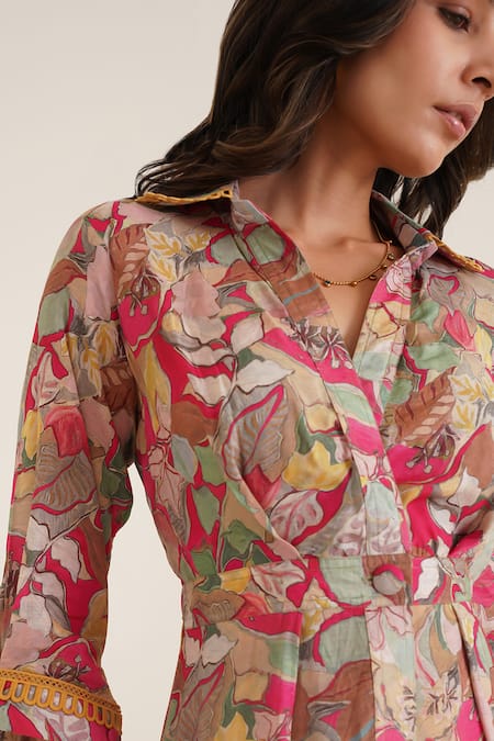 Sunandini_Pink Cotton Lace Collared Oprah Floral Print Maxi Dress _at_Aza_Fashions