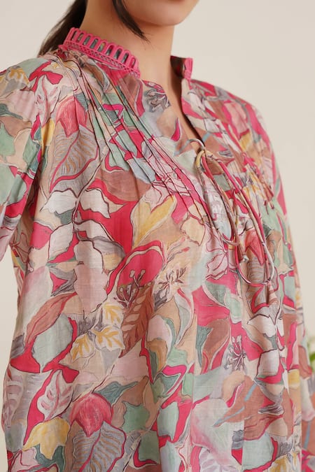 Sunandini_Pink Cotton Lace, Embroidery Button-down Neck Floral Print Top _Online_at_Aza_Fashions
