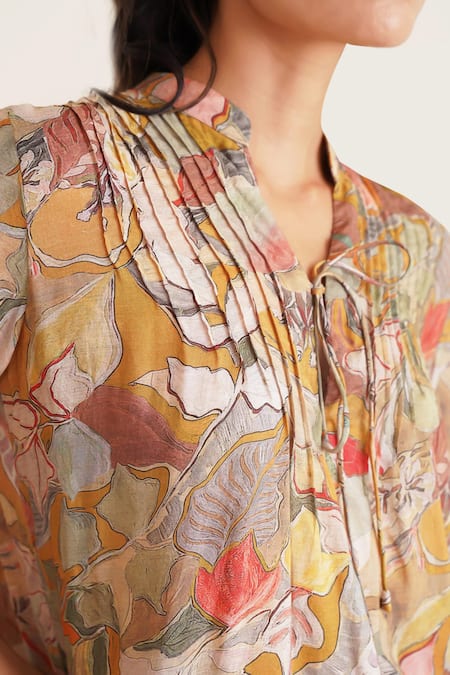 Sunandini_Multi Color Cotton Button-down Neck Floral Print Pintucked Top _Online_at_Aza_Fashions