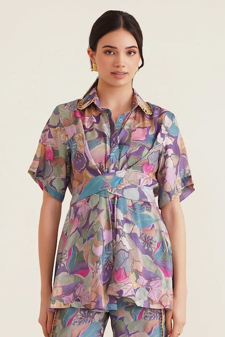 Buy_Sunandini_Purple Cotton Lace Collared Printed Shirt And Pant Set _Online_at_Aza_Fashions