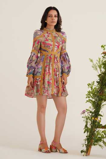 Sunandini_Multi Color Cotton High Neck Rosalind Printed Lace Work Dress _Online_at_Aza_Fashions