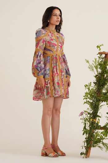 Buy_Sunandini_Multi Color Cotton High Neck Rosalind Printed Lace Work Dress _Online_at_Aza_Fashions