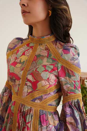 Shop_Sunandini_Multi Color Cotton High Neck Rosalind Printed Lace Work Dress _Online_at_Aza_Fashions