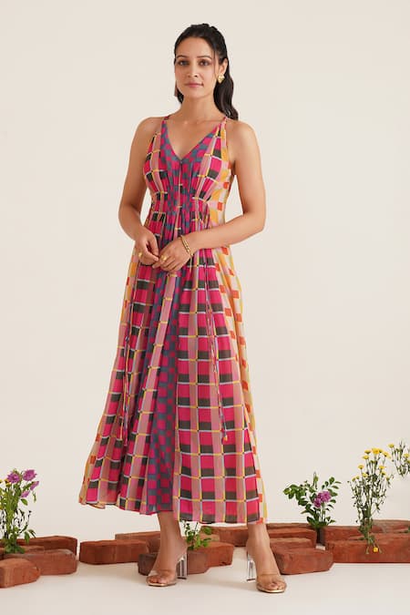 Buy_Sunandini_Multi Color Viscose, Cotton Plunge Neck Simone Checkered Print Dress _Online_at_Aza_Fashions