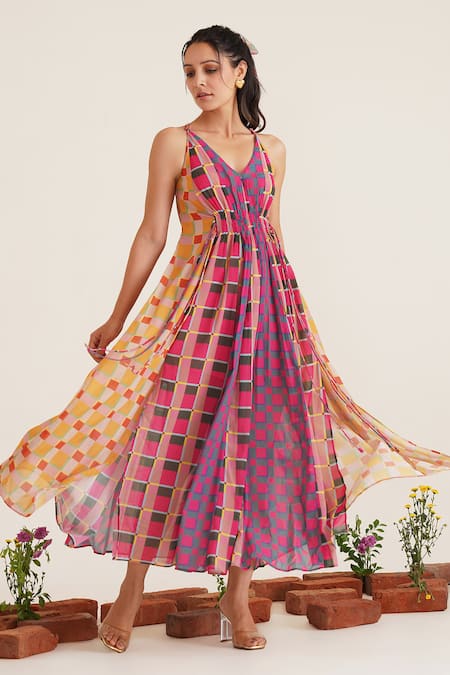 Shop_Sunandini_Multi Color Viscose, Cotton Plunge Neck Simone Checkered Print Dress _Online_at_Aza_Fashions