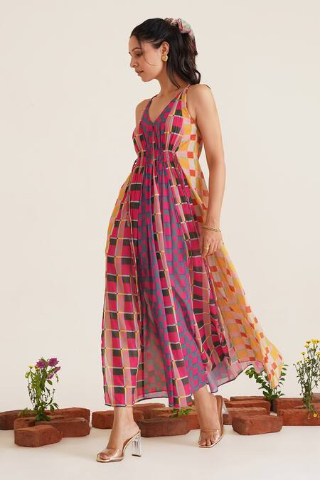 Sunandini_Multi Color Viscose, Cotton Plunge Neck Simone Checkered Print Dress _at_Aza_Fashions