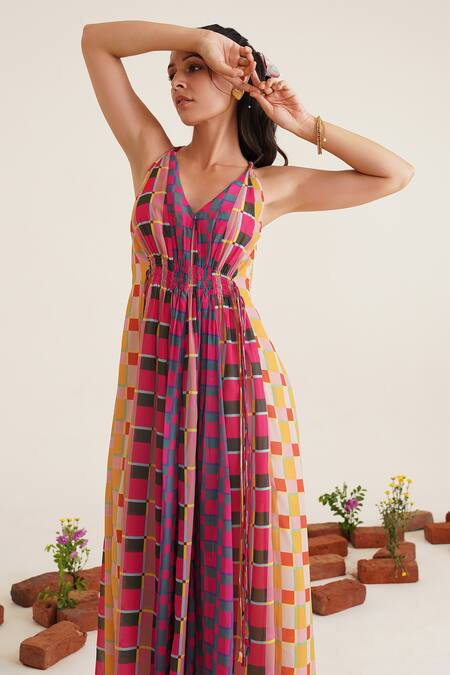 Buy_Sunandini_Multi Color Viscose, Cotton Plunge Neck Simone Checkered Print Dress 