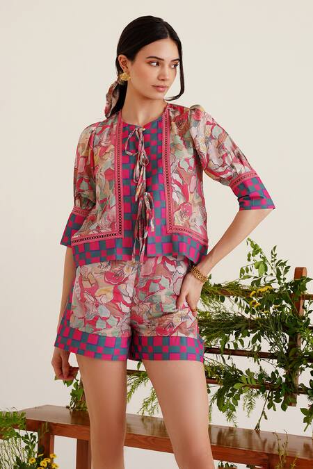 Buy_Sunandini_Pink 100% Cotton Printed Floral Round Zaha Top And Shorts Set _Online_at_Aza_Fashions