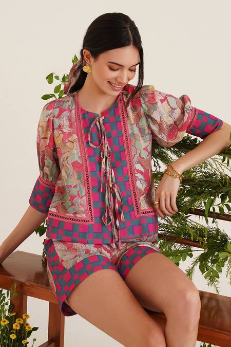 Sunandini_Pink 100% Cotton Printed Floral Round Zaha Top And Shorts Set _at_Aza_Fashions
