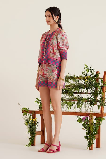 Buy_Sunandini_Pink Cotton Embroidery Round Neck Zaha Floral Print Top _Online_at_Aza_Fashions
