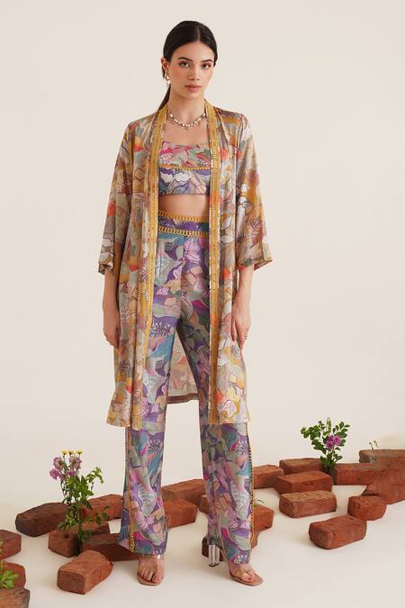 Sunandini_Multi Color Cotton Embroidery Open Neck Zora Printed Lace Work Jacket _Online_at_Aza_Fashions