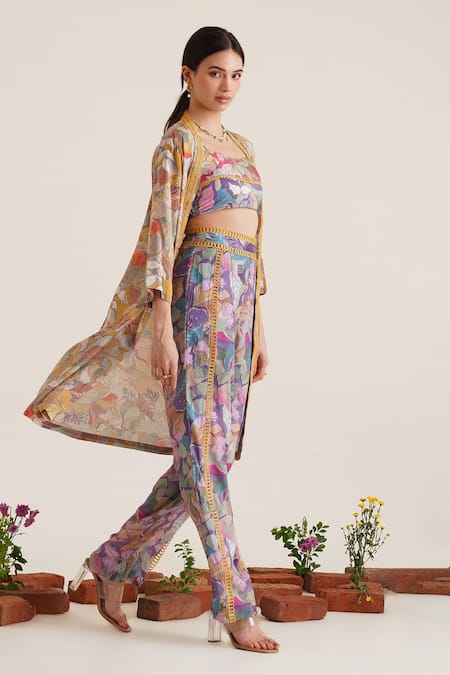 Sunandini_Multi Color Cotton Embroidery Open Neck Zora Printed Lace Work Jacket _at_Aza_Fashions