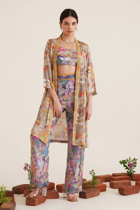 Sunandini_Purple Cotton Embroidery Scoop Neck, Open Zora Printed Lace Work Jacket Pant Set _Online_at_Aza_Fashions