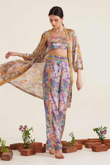 Buy_Sunandini_Purple Cotton Embroidery Scoop Neck, Open Zora Printed Lace Work Jacket Pant Set _Online_at_Aza_Fashions