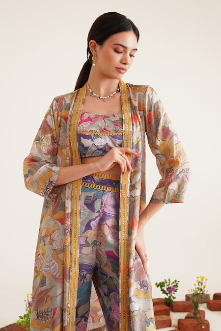 Sunandini_Purple Cotton Embroidery Scoop Neck, Open Zora Printed Lace Work Jacket Pant Set _at_Aza_Fashions